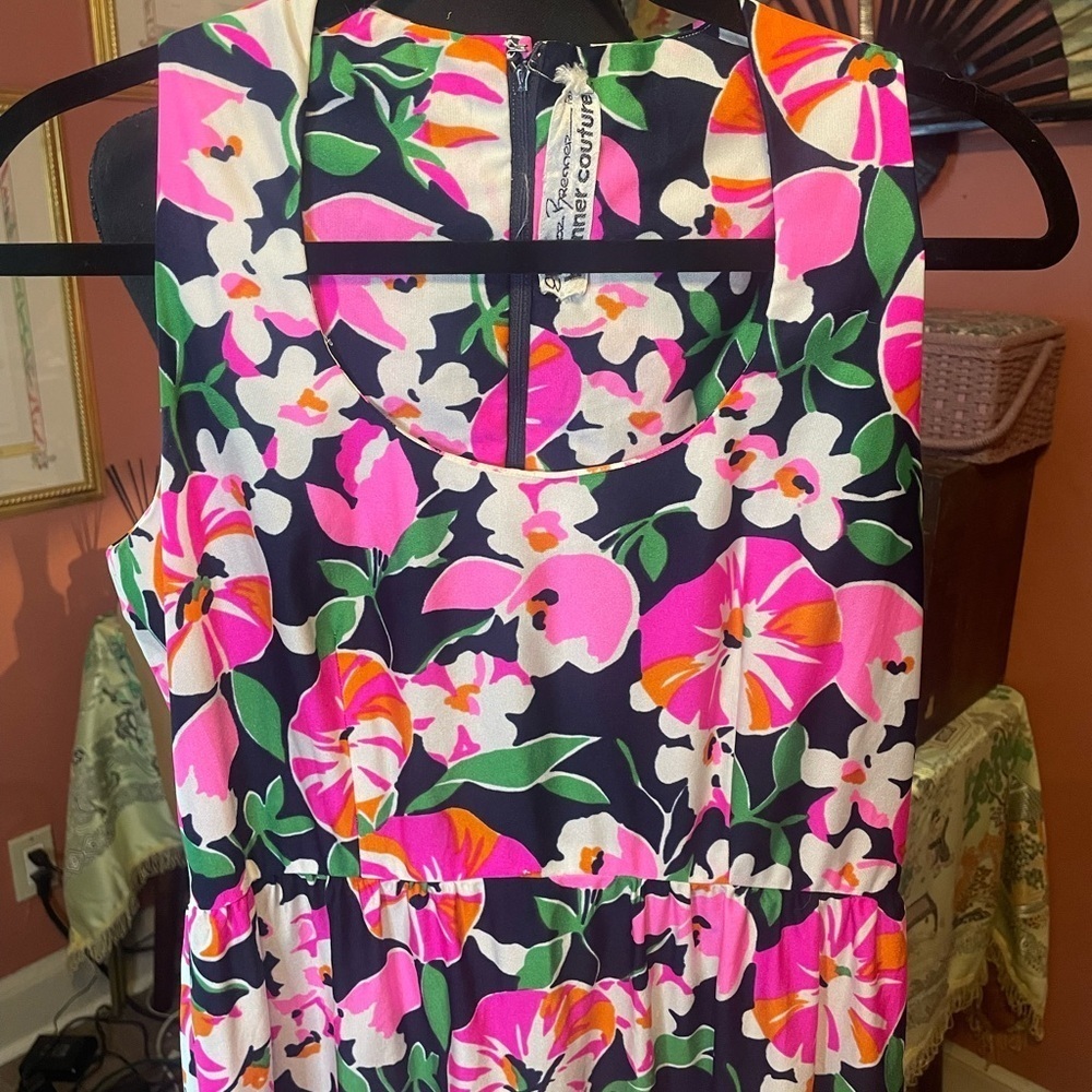 1970s vintage Eleanor Brenner Brenner Couture pink blue and green floral dress